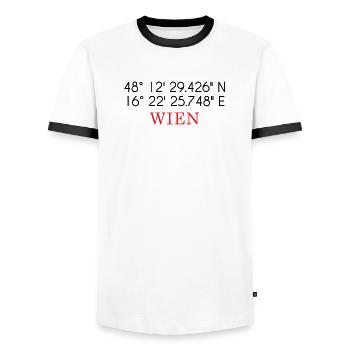 Wien Koordinaten Design – Stadt GPS Typografie - Männer Kontrast-T-Shirt - Weiß/Schwarz - Vorne - AI Model Female 172 light (172cm) & AI Model Male 178 dark (178cm)