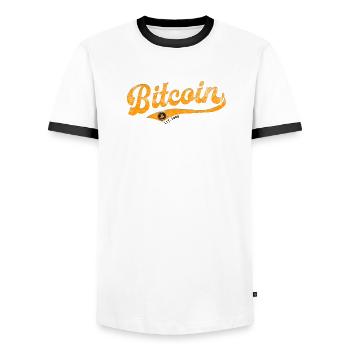 Bitcoin - l’avenir a commencé - Est. 2008 - T-shirt contrasté Homme - blanc/noir - Devant - AI Model Female 172 light (172cm) & AI Model Male 178 dark (178cm)