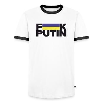 FK Putin Ukraine Flagge für Frieden - Männer Kontrast-T-Shirt - Weiß/Schwarz - Vorne - AI Model Female 172 light (172cm) & AI Model Male 178 dark (178cm)
