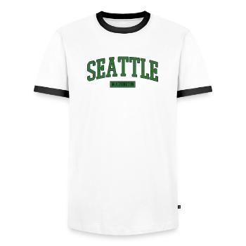 Seattle Washington USA - Men's Ringer Shirt - white/black - Front - AI Model Female 172 light (172cm) & AI Model Male 178 dark (178cm)