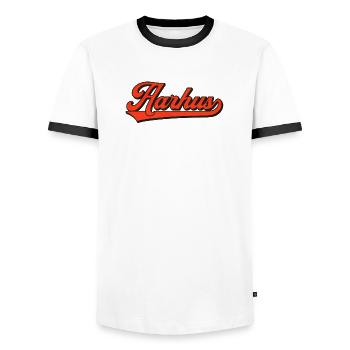 Aarhus Retro Lettering – Denmark Style - Men's Ringer Shirt - white/black - Front - AI Model Female 172 light (172cm) & AI Model Male 178 dark (178cm)