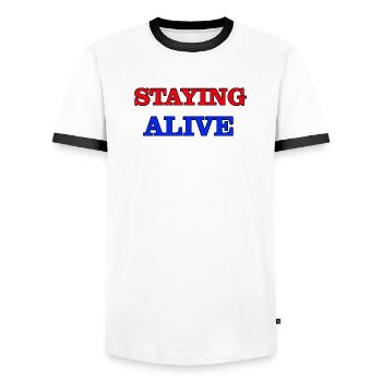 Staying Alive - Men's Ringer Shirt - white/black - Front - AI Model Female 172 light (172cm) & AI Model Male 178 dark (178cm)