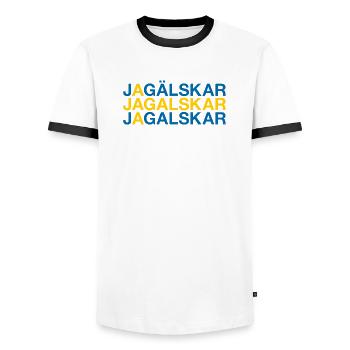 I LOVE SWEDEN Sweden Flag - Men's Ringer Shirt - white/black - Front - AI Model Female 172 light (172cm) & AI Model Male 178 dark (178cm)