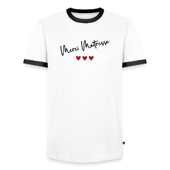 MAÎTRESSE. MERCI. MERCI MAÎTRESSE - T-shirt contrasté Homme - blanc/noir - Devant - AI Model Female 172 light (172cm) & AI Model Male 178 dark (178cm)