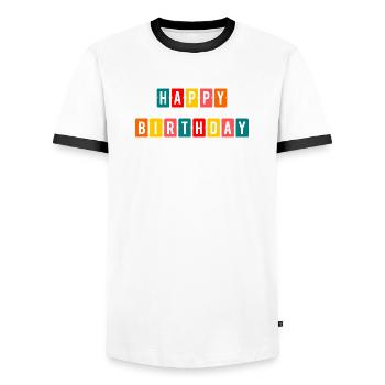 HAPPY BIRTHDAY. HAPPY BIRTHDAY. ANNIVERSARY. - Men's Ringer Shirt - white/black - Front - AI Model Female 172 light (172cm) & AI Model Male 178 dark (178cm)