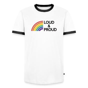 LGBTQ Pride Month - Loud and Proud - Men's Ringer Shirt - white/black - Front - AI Model Female 172 light (172cm) & AI Model Male 178 dark (178cm)