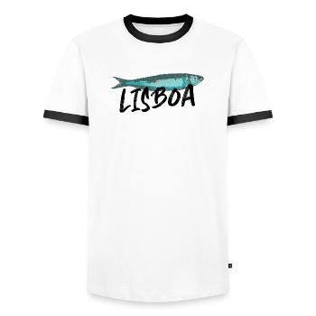 Lissabon Sardine Illustration Portugal im Sommer - Männer Kontrast-T-Shirt - Weiß/Schwarz - Vorne - AI Model Female 172 light (172cm) & AI Model Male 178 dark (178cm)