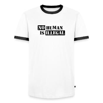 No Human Is Illegal - Men's Ringer Shirt - white/black - Front - AI Model Female 172 light (172cm) & AI Model Male 178 dark (178cm)