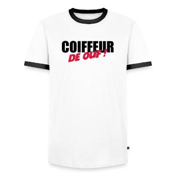 Coiffure / Coiffeur / Coiffeuse / Mode / Cheveux - T-shirt contrasté Homme - blanc/noir - Devant - AI Model Female 172 light (172cm) & AI Model Male 178 dark (178cm)