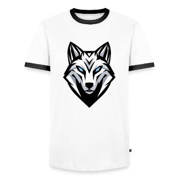 Wolf head logo, symbol, emblem, tattoo - Men's Ringer Shirt - white/black - Front - AI Model Female 172 light (172cm) & AI Model Male 178 dark (178cm)