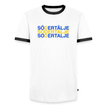 SÖDERTÄLJE - Sweden - Schwedische Flagge - Männer Kontrast-T-Shirt - Weiß/Schwarz - Vorne - AI Model Female 172 light (172cm) & AI Model Male 178 dark (178cm)