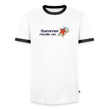 Mode été activé – Vacances, Soleil, Mer, Déclaration - T-shirt contrasté Homme - blanc/noir - Devant - AI Model Female 172 light (172cm) & AI Model Male 178 dark (178cm)