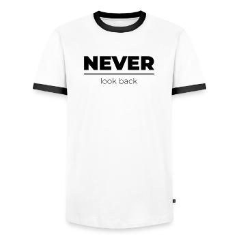Never look back | Motivational Statement - Men's Ringer Shirt - white/black - Front - AI Model Female 172 light (172cm) & AI Model Male 178 dark (178cm)