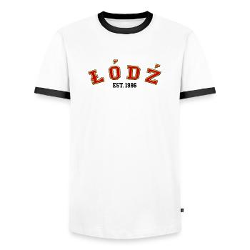 Łódź Fondée en 1986 - T-shirt contrasté Homme - blanc/noir - Devant - AI Model Female 172 light (172cm) & AI Model Male 178 dark (178cm)