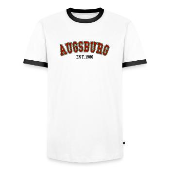 Augsbourg Fondée en 1986 - T-shirt contrasté Homme - blanc/noir - Devant - AI Model Female 172 light (172cm) & AI Model Male 178 dark (178cm)
