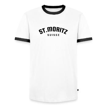 St. Moritz - Suisse - Switzerland - Swiss - Men's Ringer Shirt - white/black - Front - AI Model Female 172 light (172cm) & AI Model Male 178 dark (178cm)