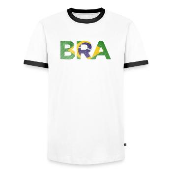 BRA Brazil Flag Stripe Football Shirt - Men's Ringer Shirt - white/black - Front - AI Model Female 172 light (172cm) & AI Model Male 178 dark (178cm)