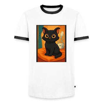SoulPaws & Hooves, Hubert the Cult Cat - Men's Ringer Shirt - white/black - Front - AI Model Female 172 light (172cm) & AI Model Male 178 dark (178cm)