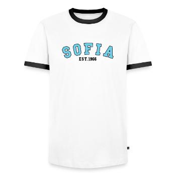 Sofia Est. 1966 - Men's Ringer Shirt - white/black - Front - AI Model Female 172 light (172cm) & AI Model Male 178 dark (178cm)