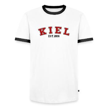 Kiel Fondé en 2006 - T-shirt contrasté Homme - blanc/noir - Devant - AI Model Female 172 light (172cm) & AI Model Male 178 dark (178cm)