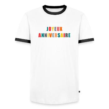 JAHRESTAG. ALLES GUTE ZUM GEBURTSTAG!. ALLES GUTE ZUM GEBURTSTAG!. - Männer Kontrast-T-Shirt - Weiß/Schwarz - Vorne - AI Model Female 172 light (172cm) & AI Model Male 178 dark (178cm)
