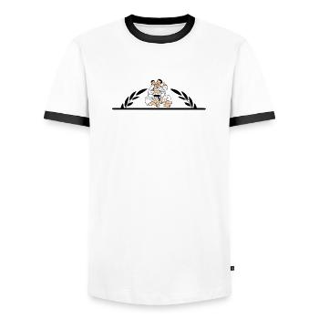 Judo Jiujitsu neck clamp with half laurel wreath - Men's Ringer Shirt - white/black - Front - AI Model Female 172 light (172cm) & AI Model Male 178 dark (178cm)