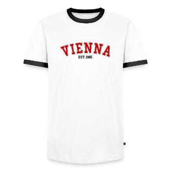 Vienna_Est_1985 - T-shirt contrasté Homme - blanc/noir - Devant - AI Model Female 172 light (172cm) & AI Model Male 178 dark (178cm)