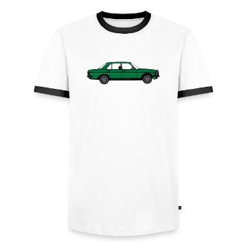 MB W123 ,Youngtimer ,Oldtimer, seitlich ..(25) - Männer Kontrast-T-Shirt - Weiß/Schwarz - Vorne - AI Model Female 172 light (172cm) & AI Model Male 178 dark (178cm)