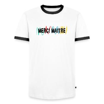 MAÎTRE. MAITRE. MERCI. MERCI MAÎTRE. MAITRE - T-shirt contrasté Homme - blanc/noir - Devant - AI Model Female 172 light (172cm) & AI Model Male 178 dark (178cm)