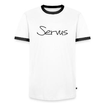 Servus Hallo Gruß Begrüßung Tschüss Geschenk - Männer Kontrast-T-Shirt - Weiß/Schwarz - Vorne - AI Model Female 172 light (172cm) & AI Model Male 178 dark (178cm)