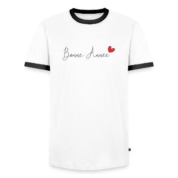 NOËL. ANNEE. ANNIVERSAIRE. RETRAITE. PAPA. MAMAM. - T-shirt contrasté Homme - blanc/noir - Devant - AI Model Female 172 light (172cm) & AI Model Male 178 dark (178cm)