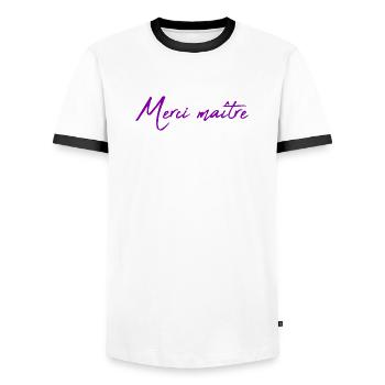 MAÎTRE. MAITRE. MERCI. MERCI MAÎTRE. MAITRE - T-shirt contrasté Homme - blanc/noir - Devant - AI Model Female 172 light (172cm) & AI Model Male 178 dark (178cm)
