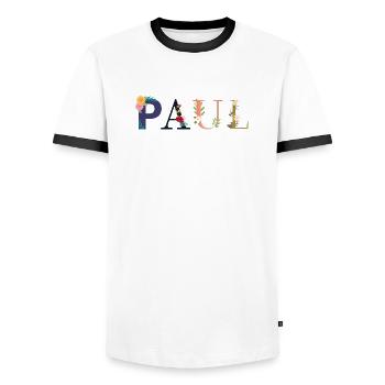 PAUL name decorated with flowers - Men's Ringer Shirt - white/black - Front - AI Model Female 172 light (172cm) & AI Model Male 178 dark (178cm)
