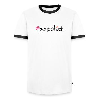 #goldstück - Men's Ringer Shirt - white/black - Front - AI Model Female 172 light (172cm) & AI Model Male 178 dark (178cm)