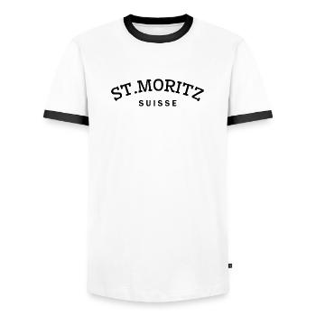 St. Moritz - Suisse - Switzerland - Swiss - Men's Ringer Shirt - white/black - Front - AI Model Female 172 light (172cm) & AI Model Male 178 dark (178cm)