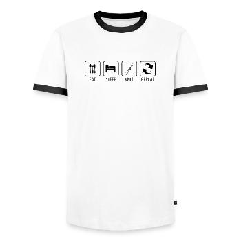 Eat Sleep Knit Repeat - Funny Knitting Lover Gift - Men's Ringer Shirt - white/black - Front - AI Model Female 172 light (172cm) & AI Model Male 178 dark (178cm)