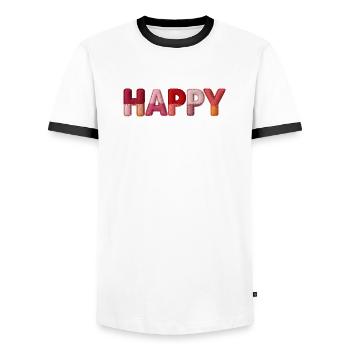 Happy Stoff Optik Typografie Trend - Männer Kontrast-T-Shirt - Weiß/Schwarz - Vorne - AI Model Female 172 light (172cm) & AI Model Male 178 dark (178cm)