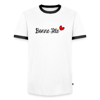 MOM. MOTHER'S DAY. HEART. HAPPY BIRTHDAY - Men's Ringer Shirt - white/black - Front - AI Model Female 172 light (172cm) & AI Model Male 178 dark (178cm)