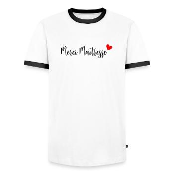 MISTRESS. THANK YOU. THANK YOU MISTRESS. MISTRESS - Men's Ringer Shirt - white/black - Front - AI Model Female 172 light (172cm) & AI Model Male 178 dark (178cm)