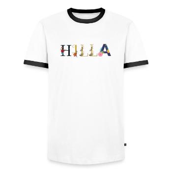 HILLA name decorated with flowers - Men's Ringer Shirt - white/black - Front - AI Model Female 172 light (172cm) & AI Model Male 178 dark (178cm)