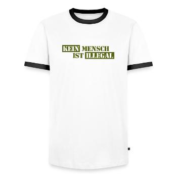 No One Is Illegal - Migration - Illegality - Men's Ringer Shirt - white/black - Front - AI Model Female 172 light (172cm) & AI Model Male 178 dark (178cm)