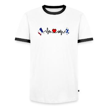 Cardio heart with Flag France and flag Finland - Men's Ringer Shirt - white/black - Front - AI Model Female 172 light (172cm) & AI Model Male 178 dark (178cm)