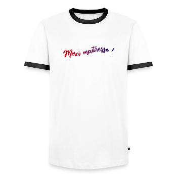 MISTRESS. THANK YOU. THANK YOU MISTRESS. MISTRESS - Men's Ringer Shirt - white/black - Front - AI Model Female 172 light (172cm) & AI Model Male 178 dark (178cm)