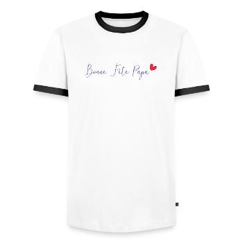 PAPA. VATERTAG. FROHER VATERTAG. ALLES GUTE ZUM GEBURTSTAG. - Männer Kontrast-T-Shirt - Weiß/Schwarz - Vorne - AI Model Female 172 light (172cm) & AI Model Male 178 dark (178cm)