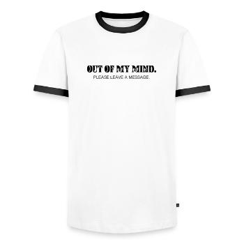Out of My Mind – Ironic Statement Saying - Men's Ringer Shirt - white/black - Front - AI Model Female 172 light (172cm) & AI Model Male 178 dark (178cm)