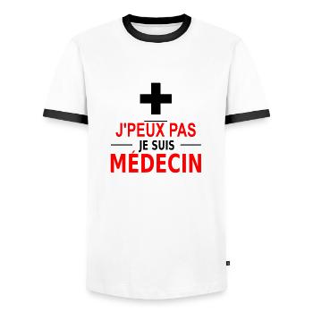 j'peux pas je suis médecin - Men's Ringer Shirt - white/black - Front - AI Model Female 172 light (172cm) & AI Model Male 178 dark (178cm)