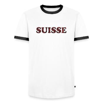 SWITZERLAND. HUMOR. COUNTRY - Men's Ringer Shirt - white/black - Front - AI Model Female 172 light (172cm) & AI Model Male 178 dark (178cm)