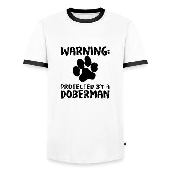 Hund / Dobermann: Warning - Protected By A Doberma - Männer Kontrast-T-Shirt - Weiß/Schwarz - Vorne - AI Model Female 172 light (172cm) & AI Model Male 178 dark (178cm)