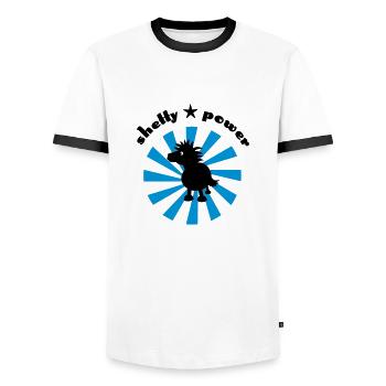 Label "shetty power" - Männer Kontrast-T-Shirt - Weiß/Schwarz - Vorne - AI Model Female 172 light (172cm) & AI Model Male 178 dark (178cm)