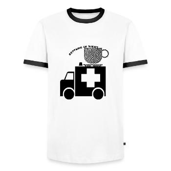Kaffee, Rettung in Sicht. Rettungswagen-Kaffee - Männer Kontrast-T-Shirt - Weiß/Schwarz - Vorne - AI Model Female 172 light (172cm) & AI Model Male 178 dark (178cm)